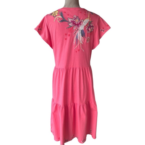 Johnny Was Tiered Embroidered Cotton Midi Dress Boho Artsy Coral Pink Medium - Picture 6 of 9